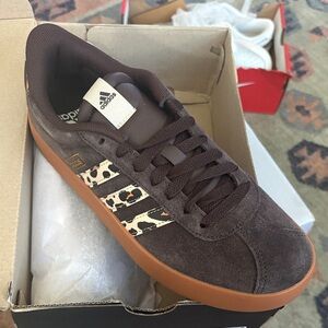 adidas Brown Suede Sneakers with Leopard-Print Stripes and Gum Sole